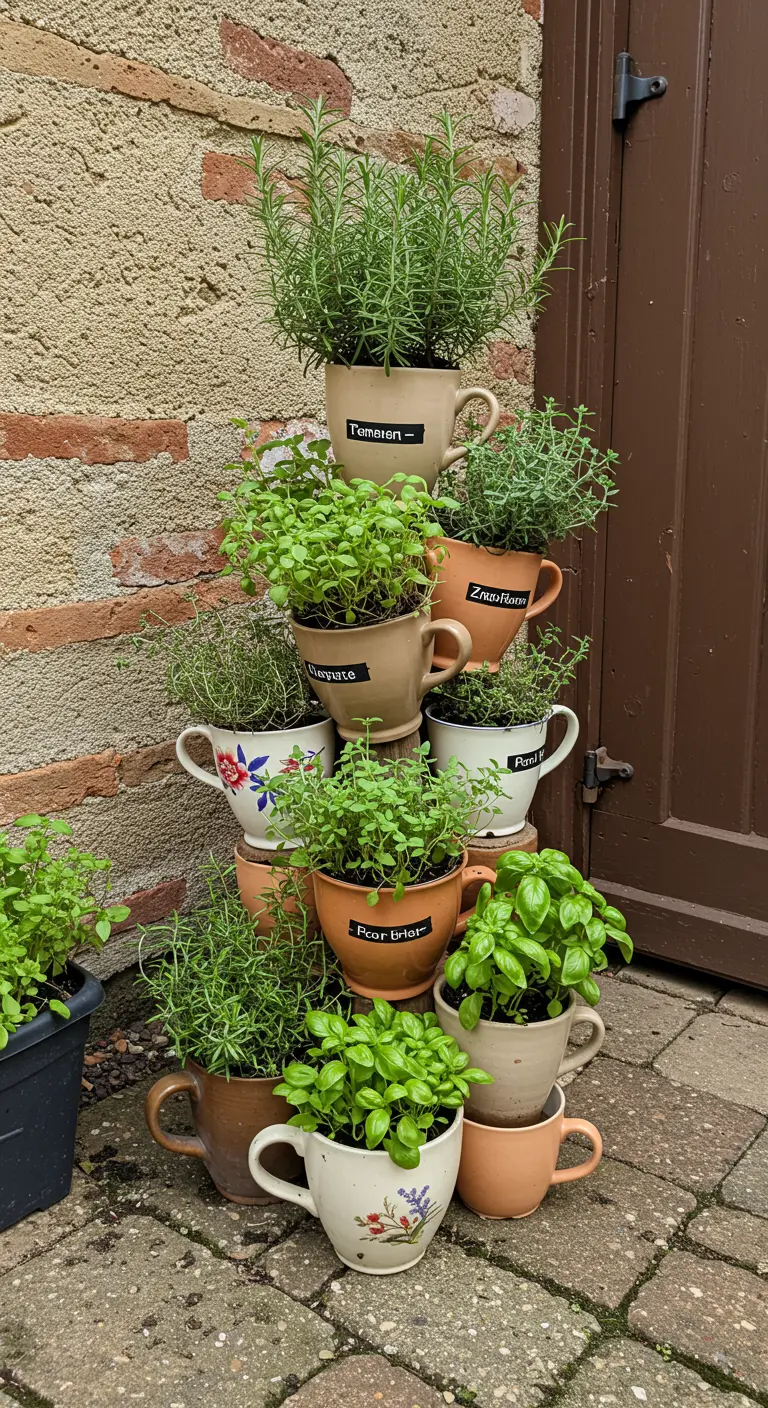 A stacked tower of rustic, earth-toned mugs planted with various herbs like rosemary and basil.