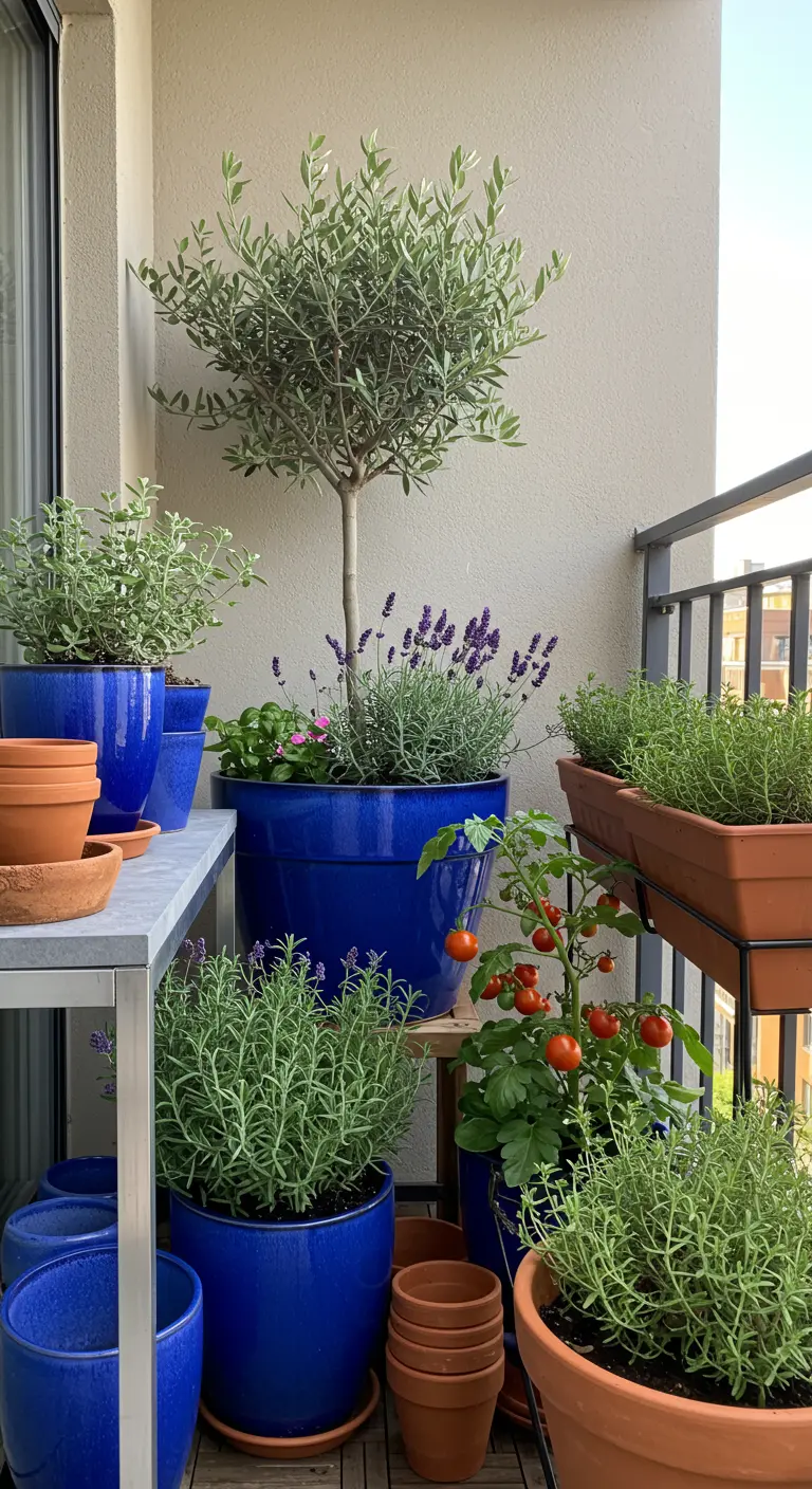 A balcony filled with blue and terracotta pots containing an olive tree, lavender, and tomatoes.