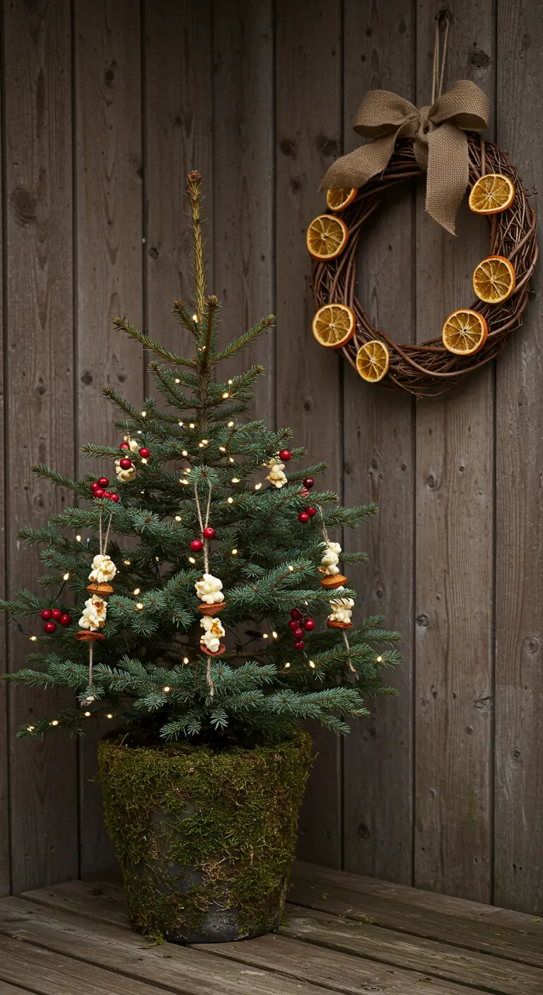 A mini tree in a moss-covered pot decorated with popcorn garlands and berries.