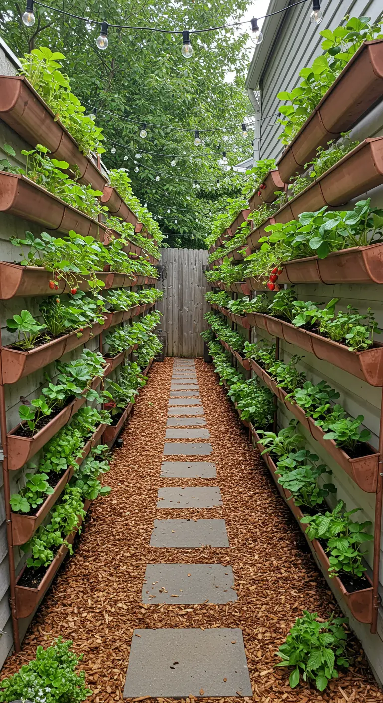 Two walls of copper gutters with plants flanking a garden path with stepping stones
