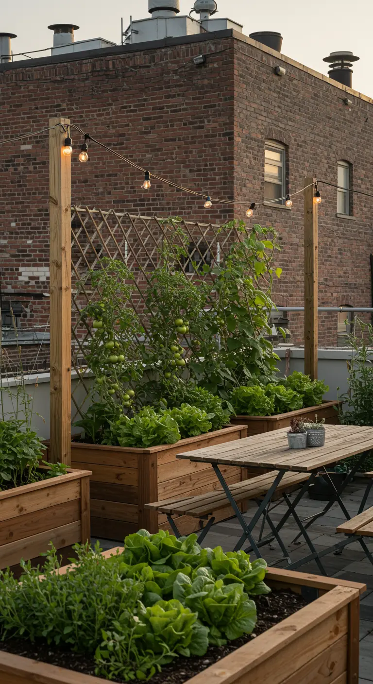A rooftop vegetable garden with wooden planters, a picnic table, and growing tomatoes.