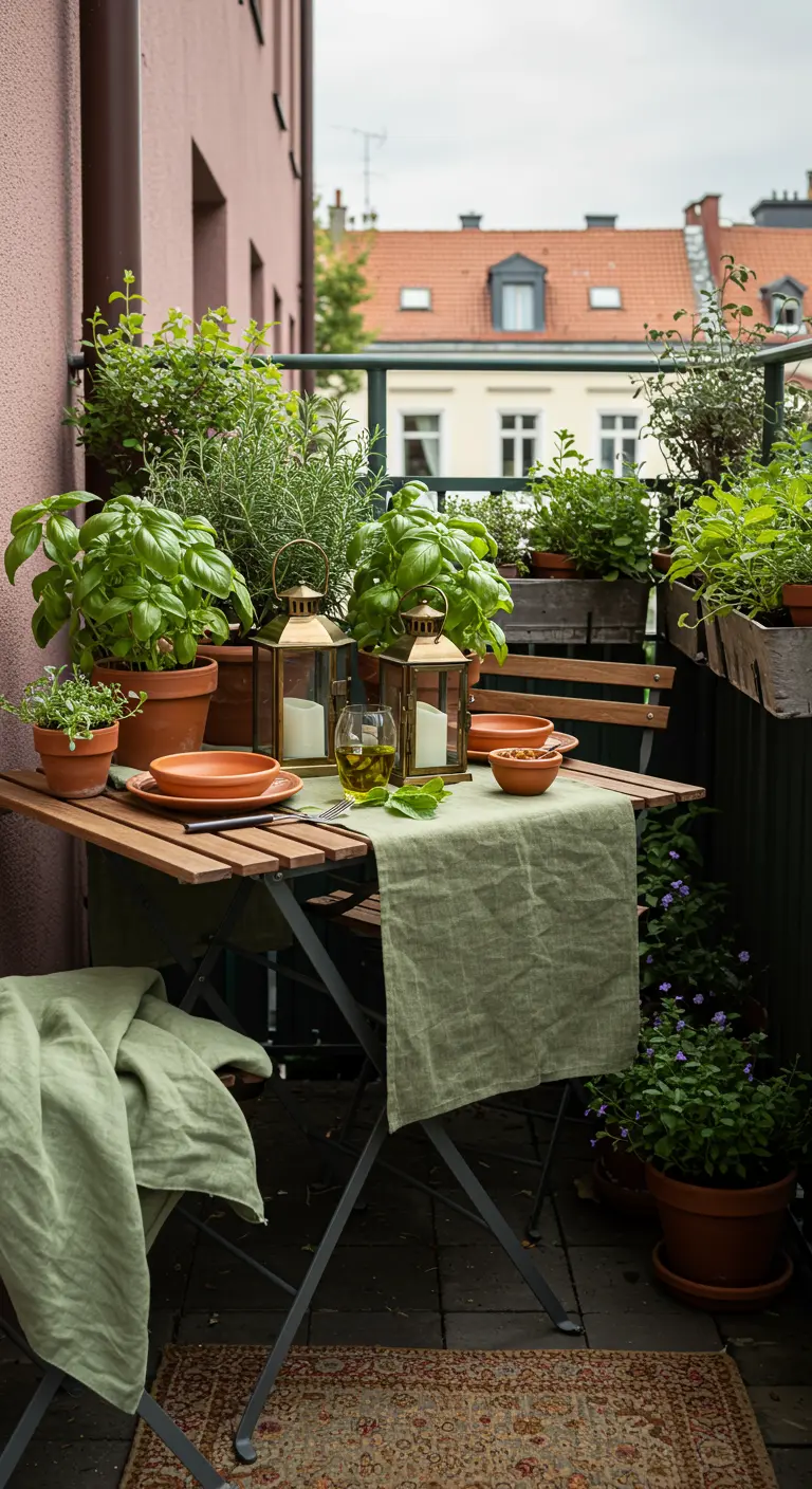 Small balcony table surrounded by potted herbs in terracotta pots.