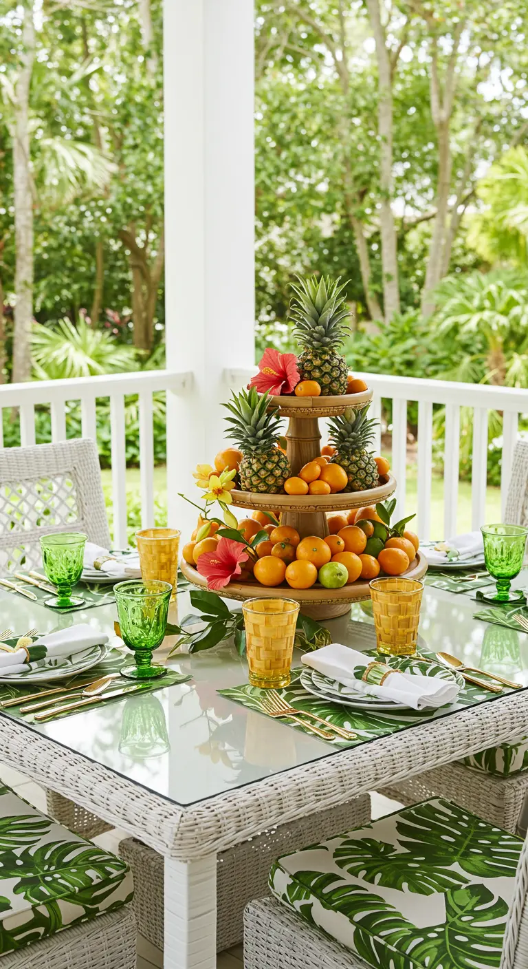 A three-tiered wooden stand holding mini pineapples, citrus fruits, and hibiscus flowers