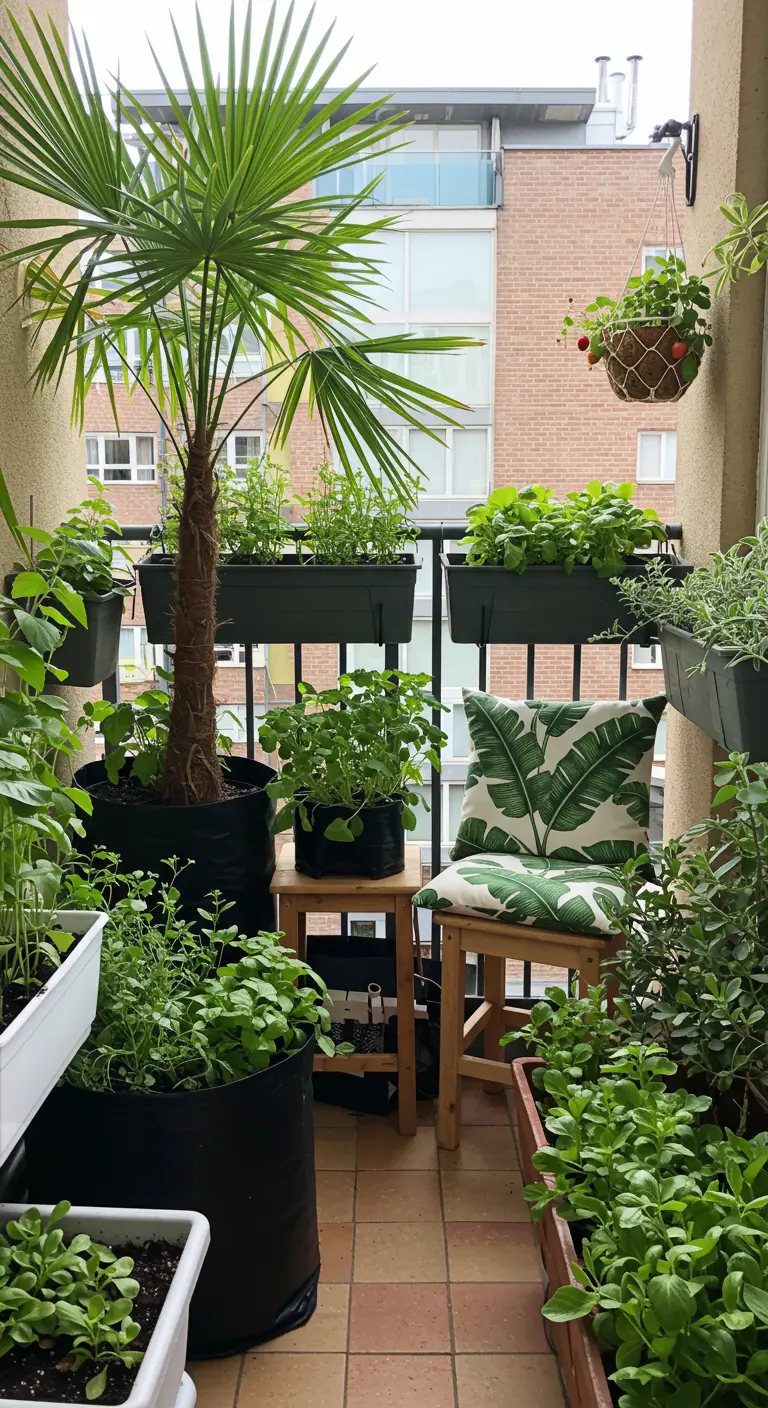 A compact balcony overflowing with herbs in grow bags and railing planters.