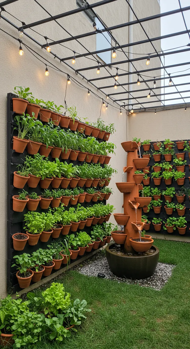 A large vertical garden wall filled with herbs, next to a cascading terracotta fountain.