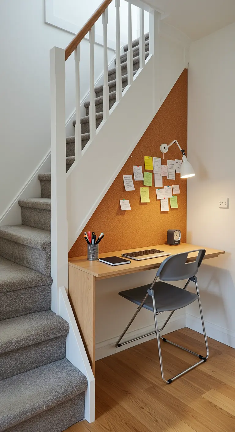 An under-stair office with a large corkboard wall, a simple desk, and a folding chair.
