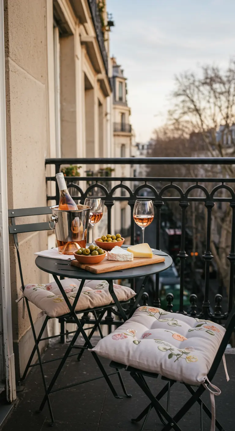 A bottle of rosé wine, cheese, and olives served on a bistro table on a balcony.
