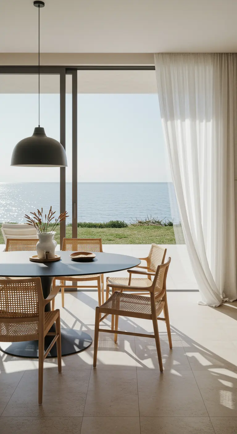 A round black dining table and cane chairs in a room with an ocean view.