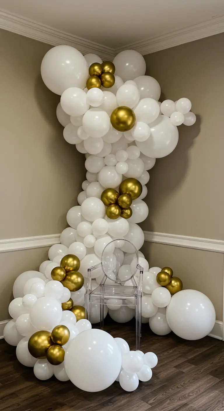 A vertical cascade of white and gold balloons flowing down a room corner behind a clear chair.