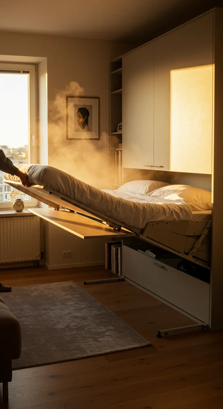 A Murphy bed being lowered over its desk, which stays horizontal during the motion.