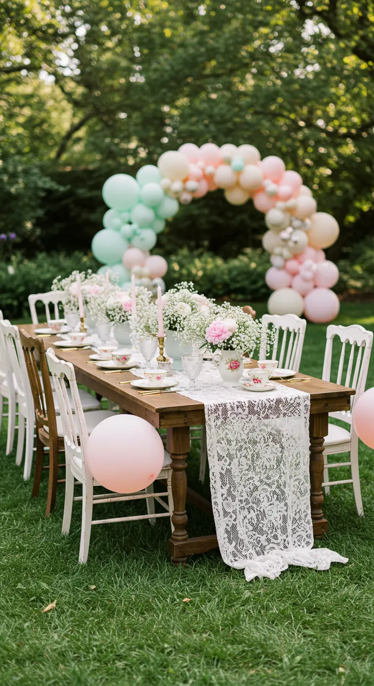 Garden tea party table with a lace runner and a pastel balloon arch.