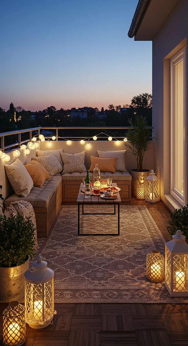 A cozy balcony at dusk with a large L-shaped bench, a patterned rug, and string lights.