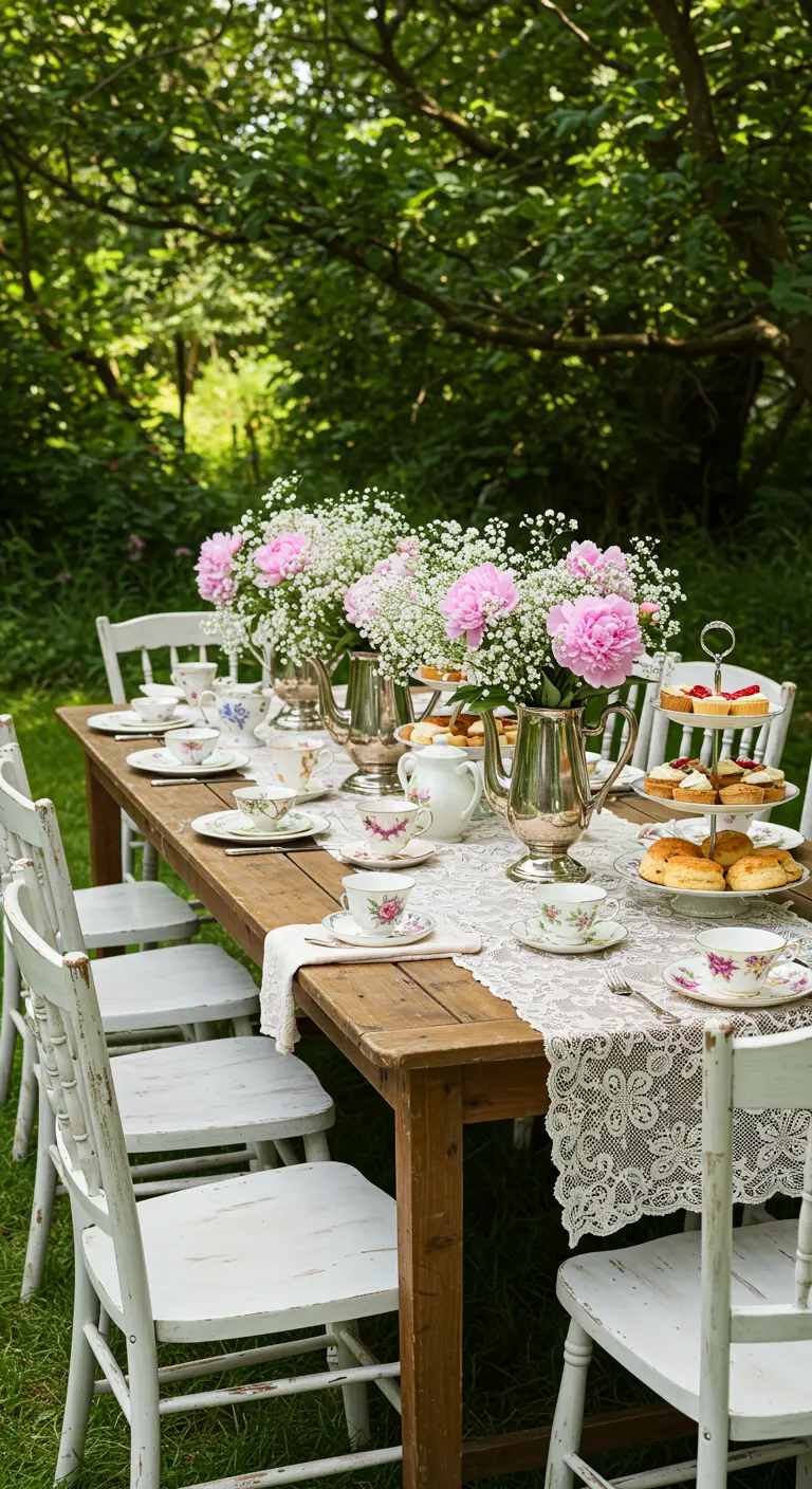 A long wooden table set for a tea party in a lush green garden with white chairs.