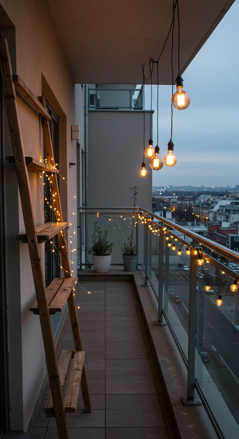 A wooden ladder shelf on a balcony at dusk, wrapped in warm fairy lights, with plants on the steps.
