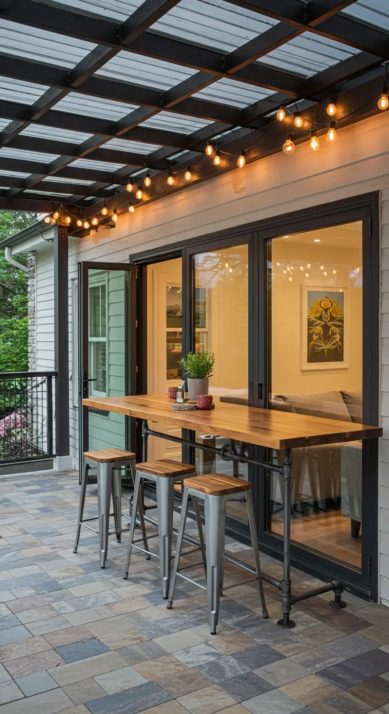 A long wooden bar top connects a kitchen and patio via open accordion windows.