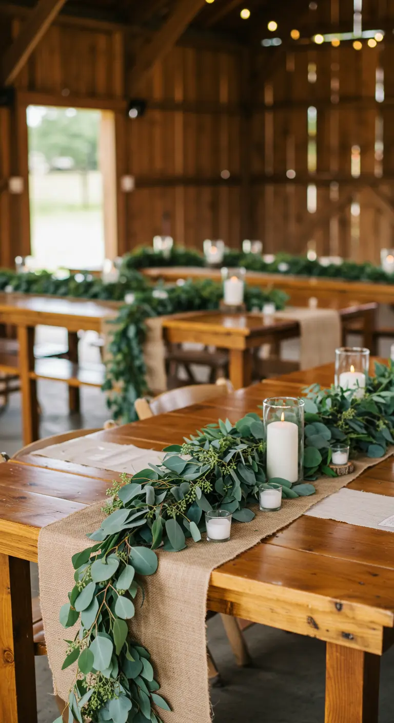 A thick, lush seeded eucalyptus garland running down a wooden table.