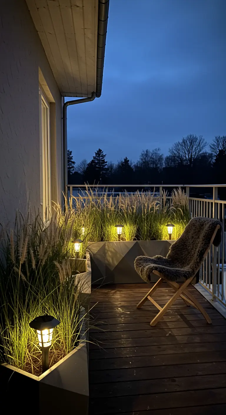 A balcony at night with solar-powered lights glowing within the planters of tall grass.