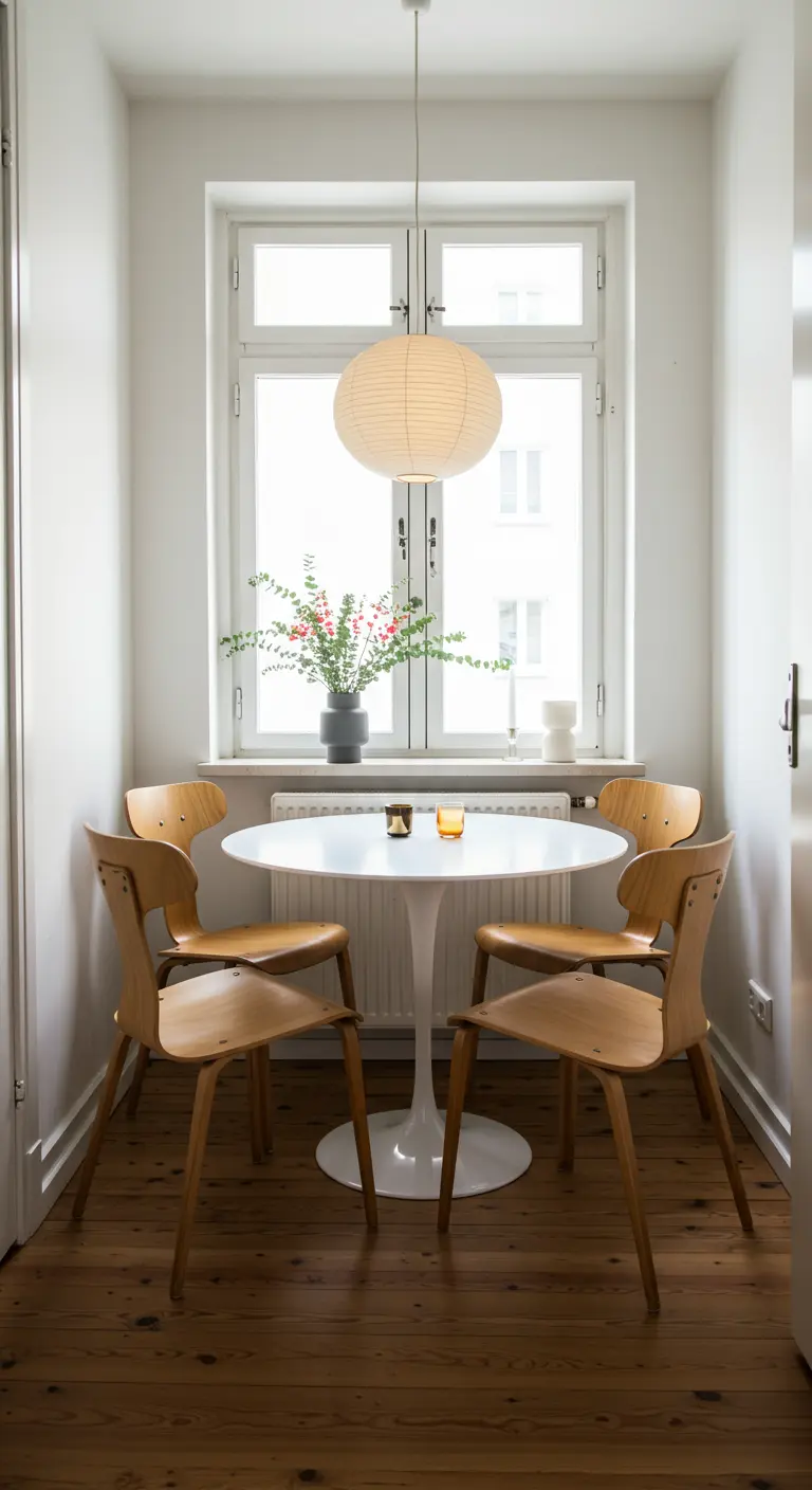 A small dining nook with a round white table and four wood chairs by a window.