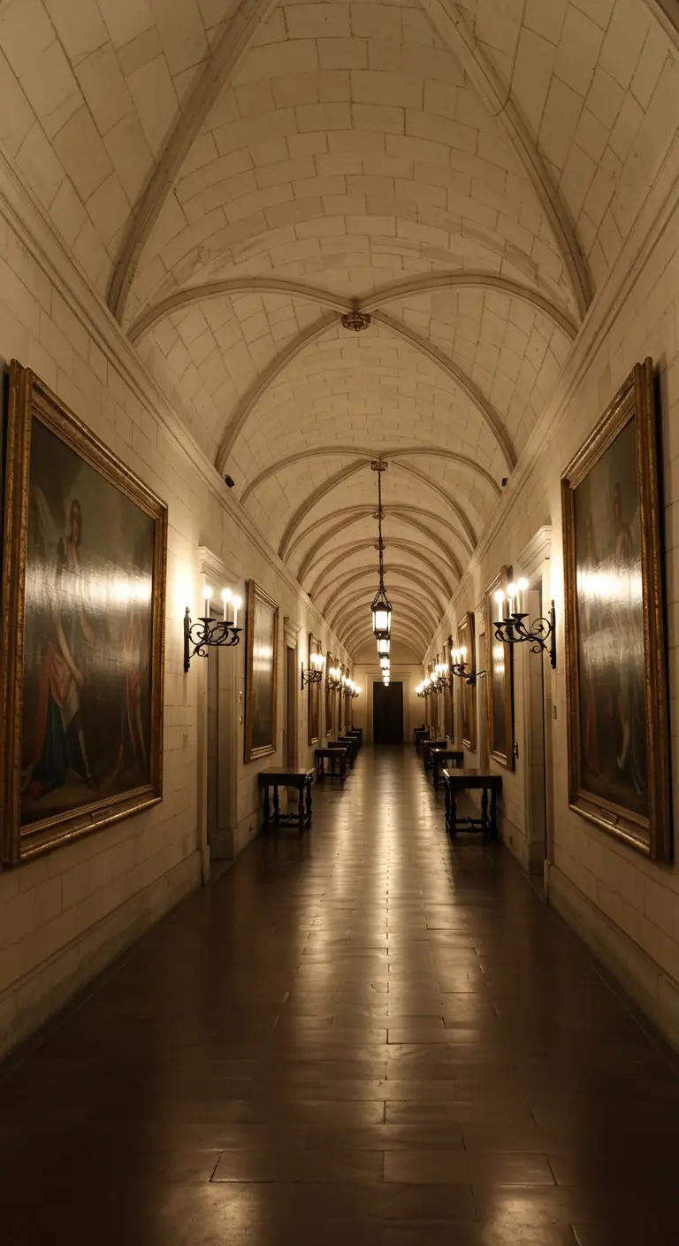 A long, vaulted hallway lined with artwork illuminated by wall sconces.