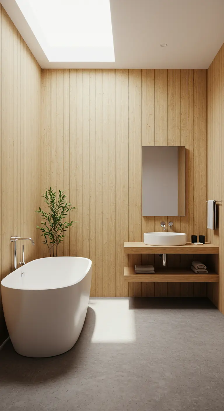 Minimalist bathroom with light wood walls, a freestanding tub, a skylight, and one green plant.