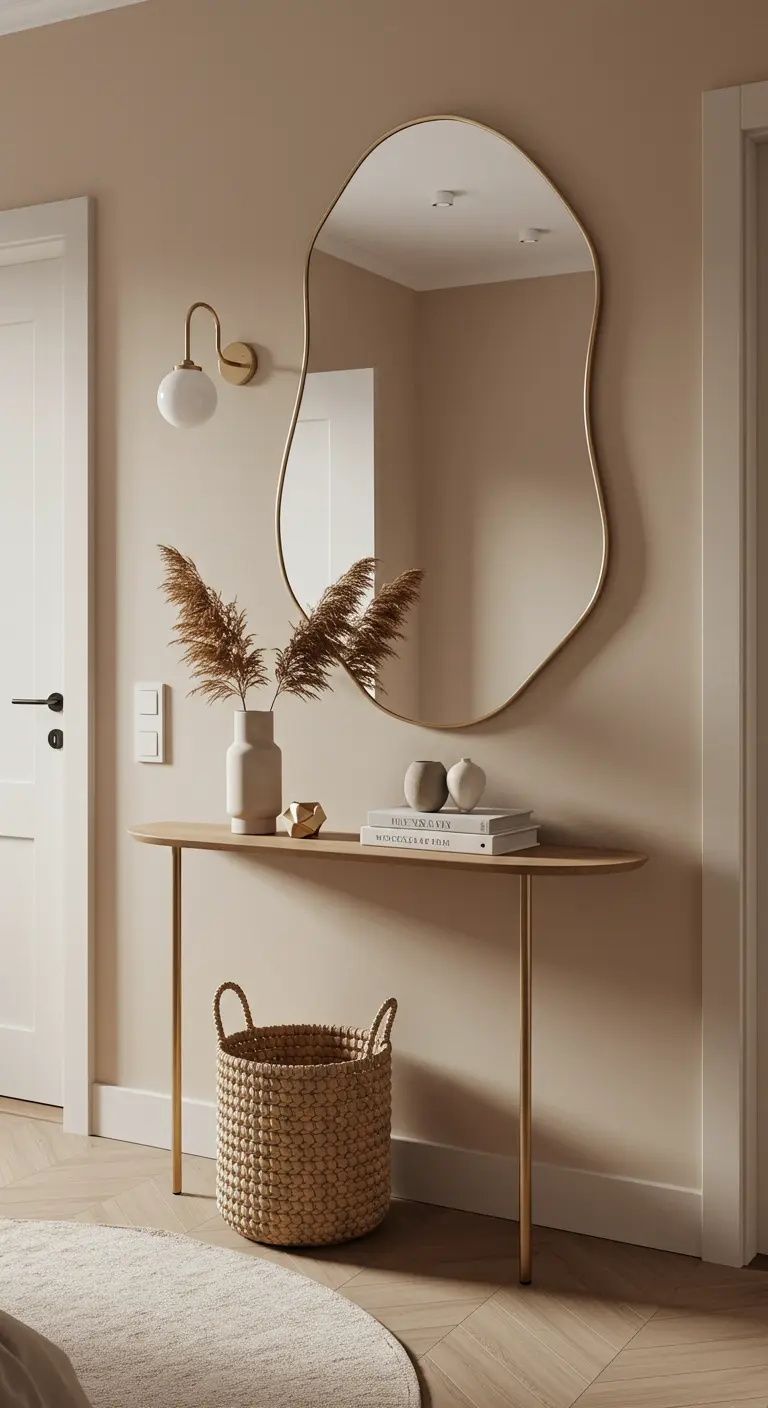 A slim gold console table with an organic mirror and a woven basket in a hallway.
