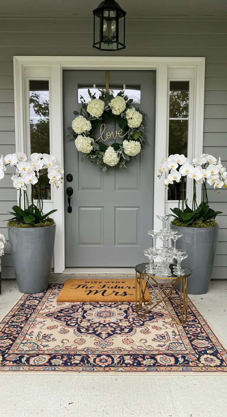 Gray door with a white hydrangea wreath, orchids, and a champagne tower for a bridal shower.