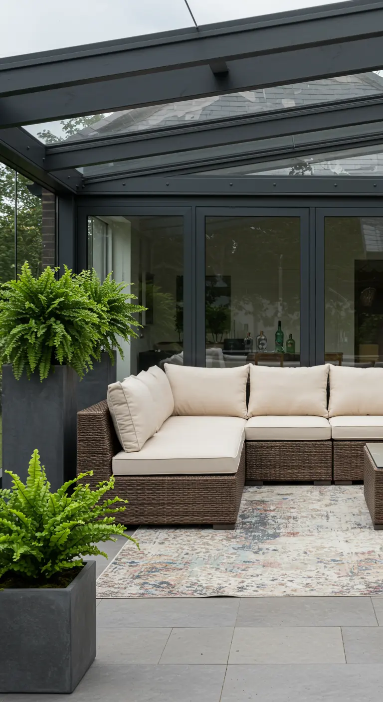 A brown rattan sectional on a vintage-style rug inside a modern glass conservatory.