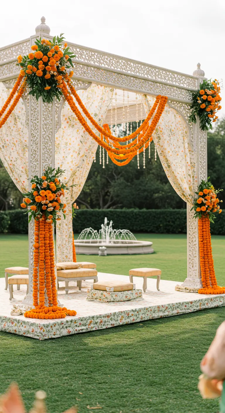 An ornate white garden pavilion decorated with elegant draping marigold garlands.