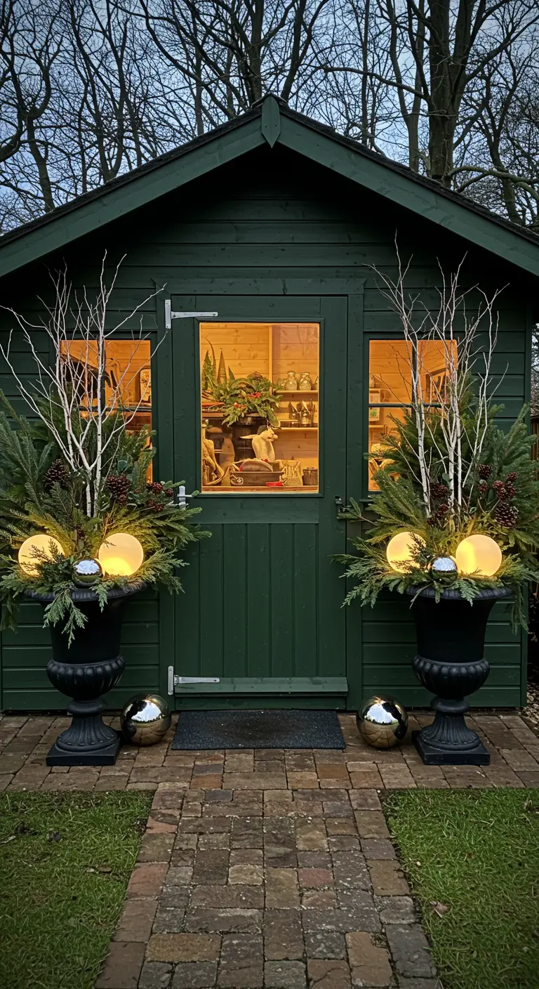 A green garden shed flanked by black urns with winter arrangements and glowing orbs.