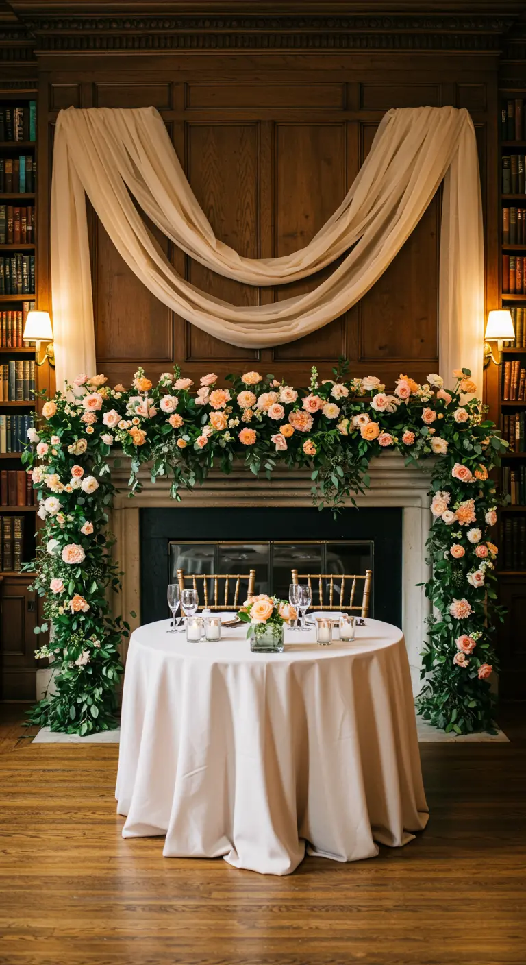 A fireplace mantel decorated with a lush peach floral garland and draped tulle for a wedding.