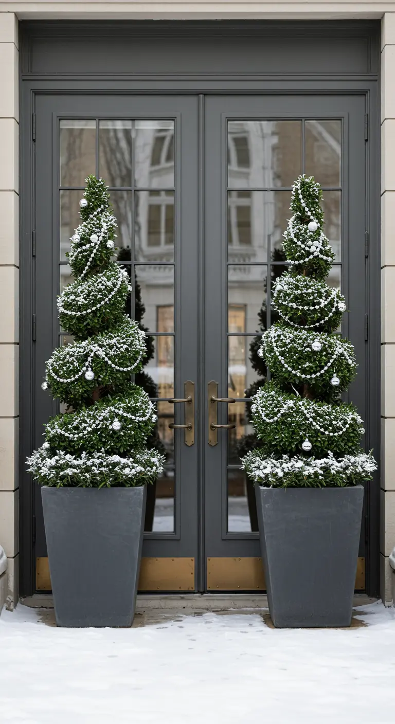 Two spiral topiaries in dark planters, dusted with snow and wrapped in silver bead garlands.