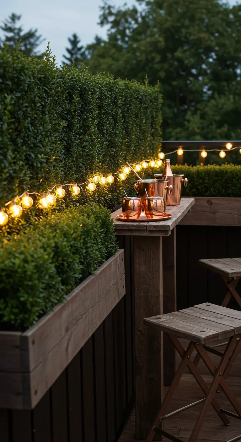 A balcony with a wooden bar ledge over the railing, stools, and a copper bar set on a tray.
