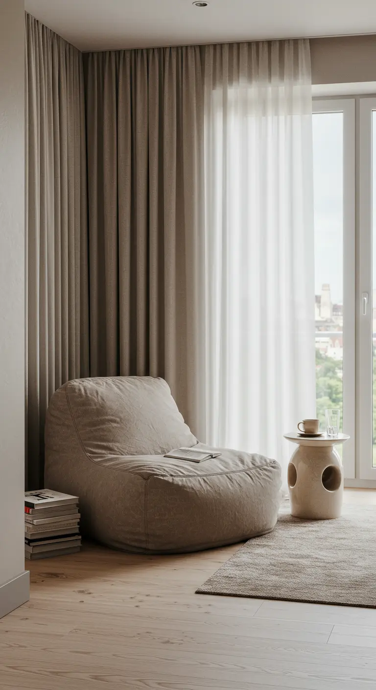 A large, unstructured gray lounge chair next to a window and a ceramic side table.