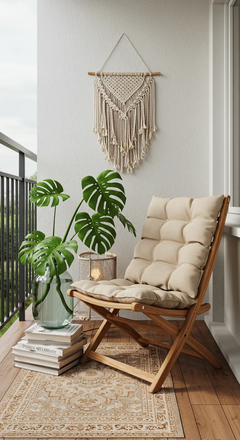 A deep-cushioned teak lounge chair next to a stack of books and a Monstera plant.