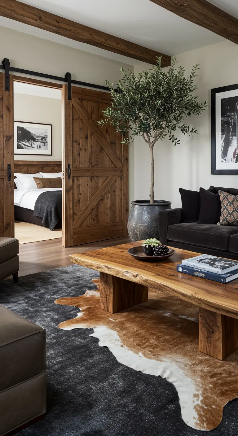Modern lodge living room with rustic barn doors and a layered cowhide rug.