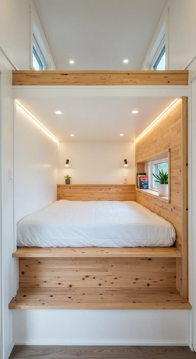 A cozy loft bed nook framed in light wood with integrated LED lighting and a small window.