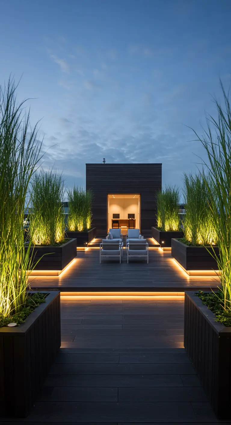 A raised rooftop deck with lounge chairs, surrounded by illuminated planters and lit from below.