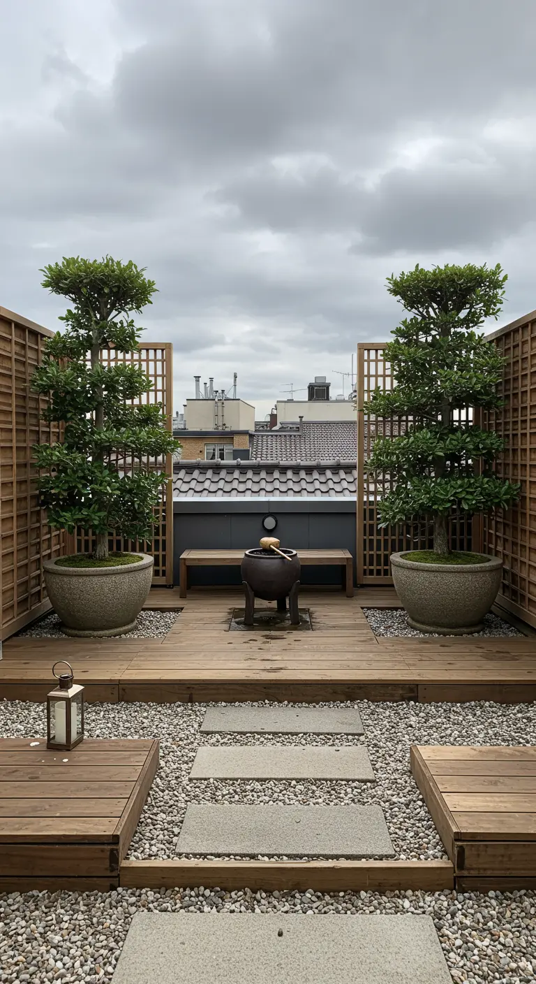 Rooftop Zen garden with wooden decks, gravel path, a bench, and lattice screens.