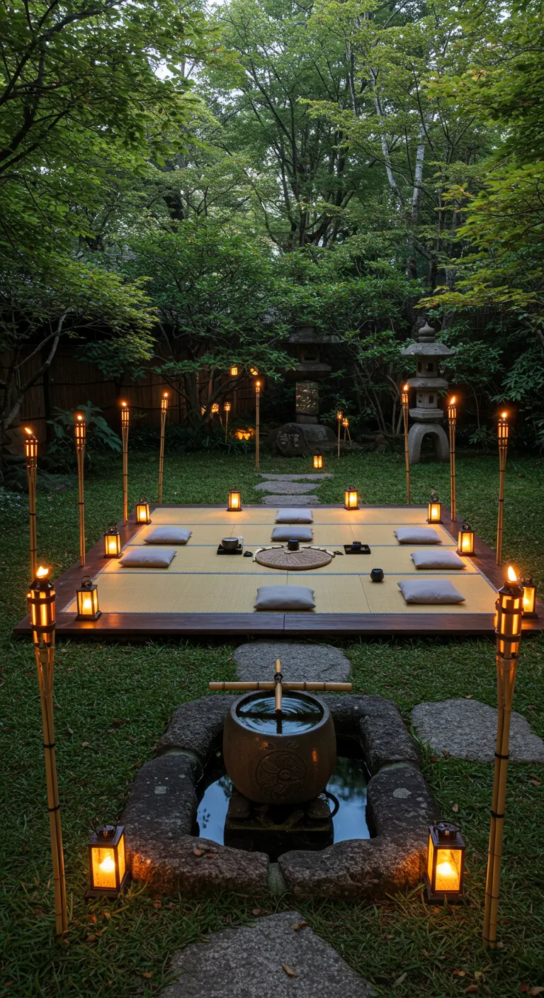 A low wooden platform with cushions for seating, surrounded by lanterns, with a water feature nearby.