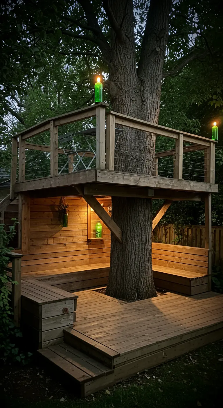 A wooden treehouse deck with green bottle torches mounted on the corners.