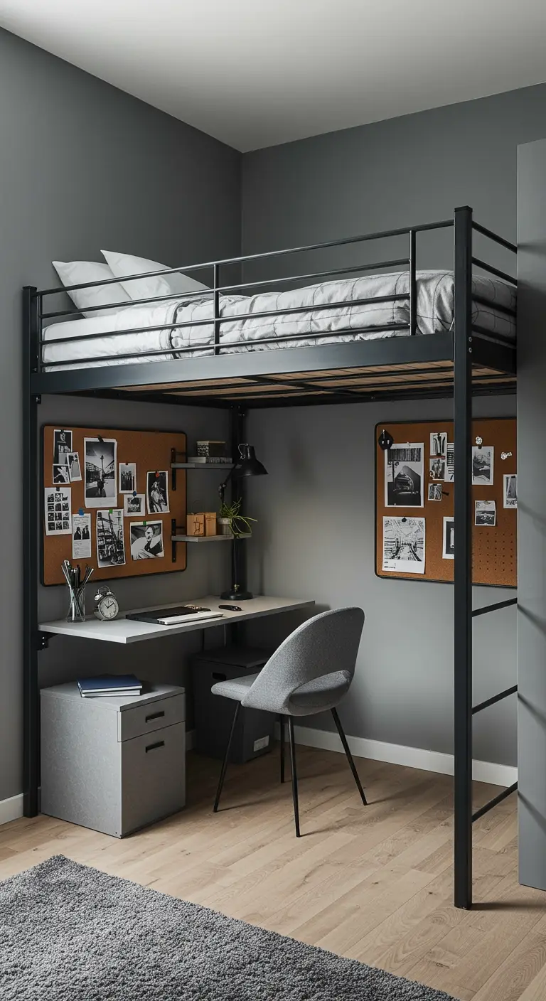 Small gray bedroom with a black metal loft bed over a desk and workspace with corkboards.