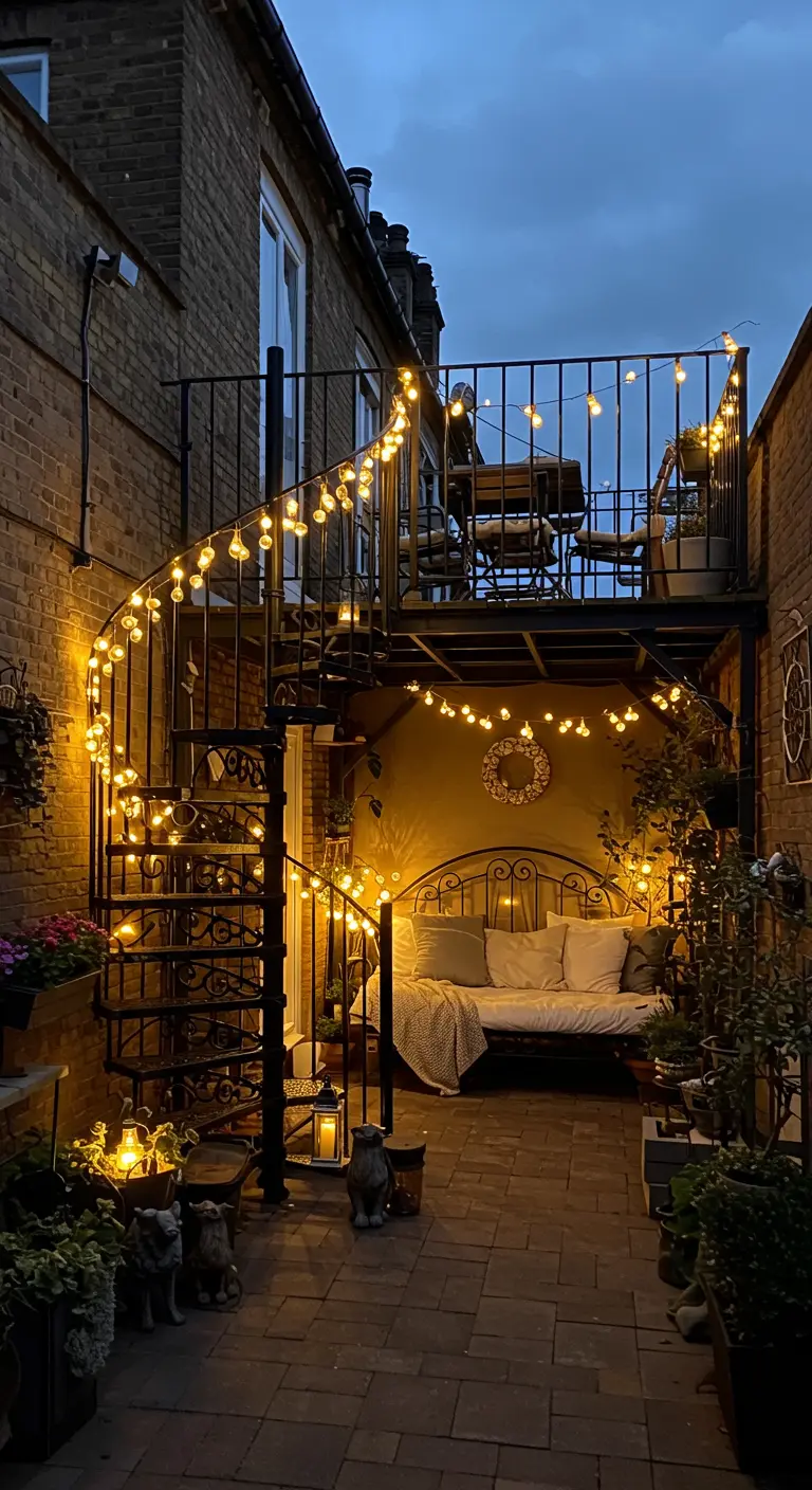 A black metal spiral staircase wrapped in globe string lights leading to an upper balcony.