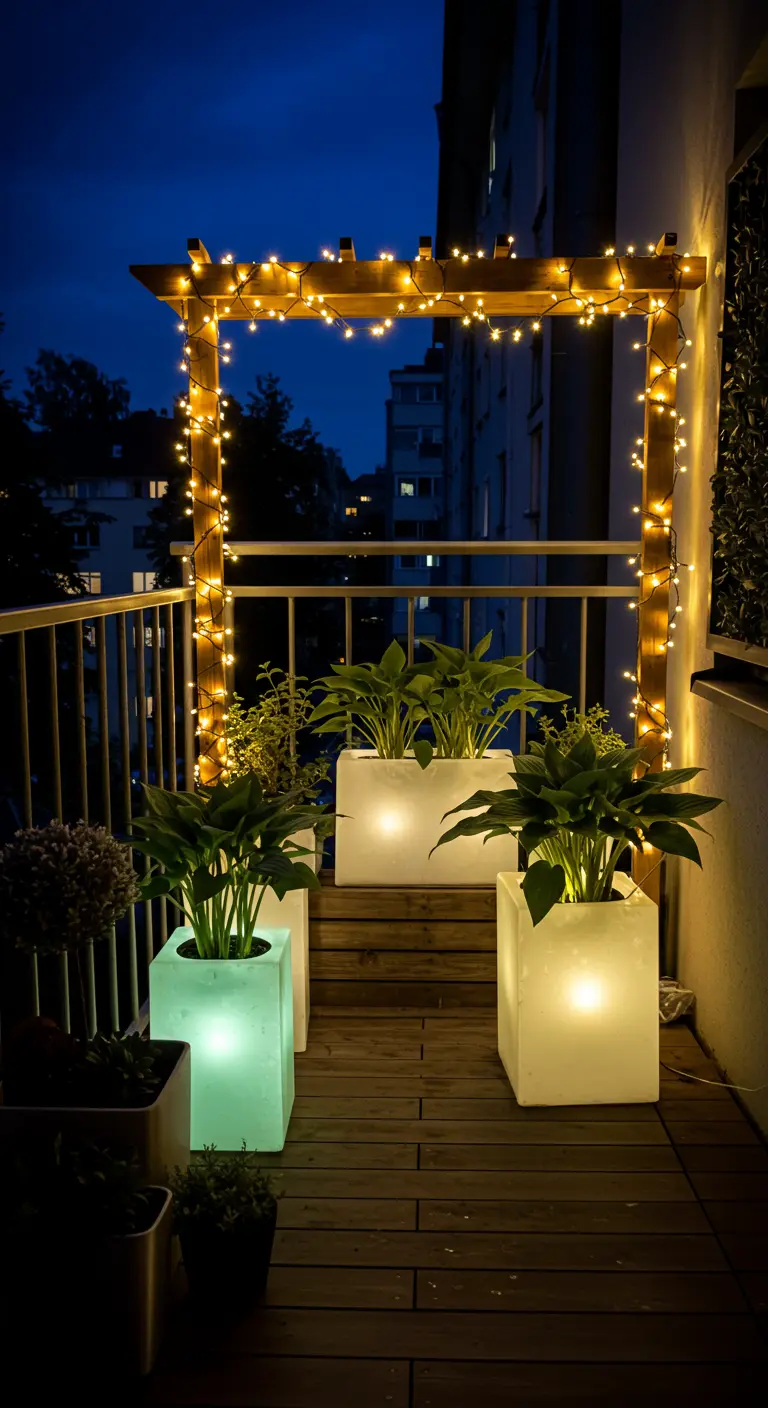 A balcony pergola wrapped in fairy lights at night, with glowing planters on the deck.