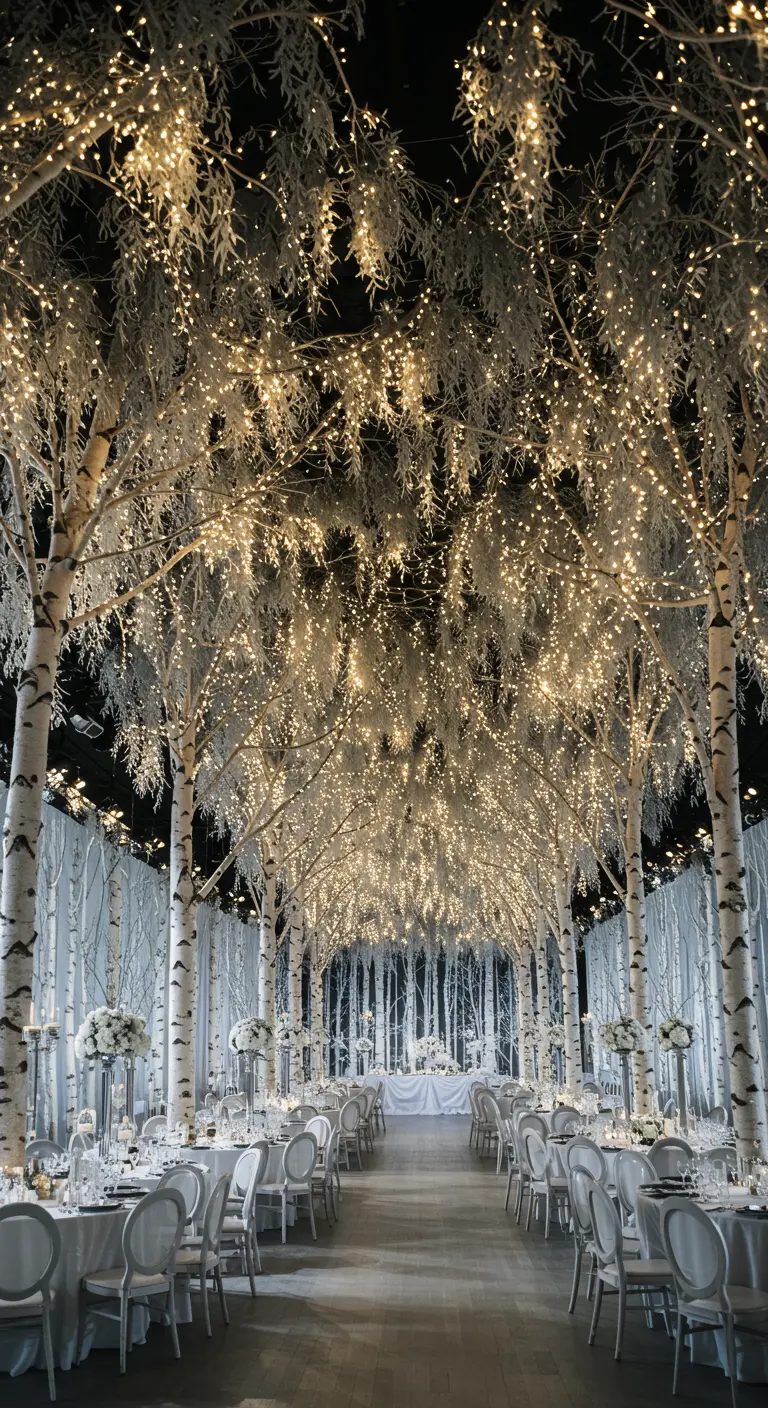 A long hall transformed into a forest with illuminated birch trees lining the sides.