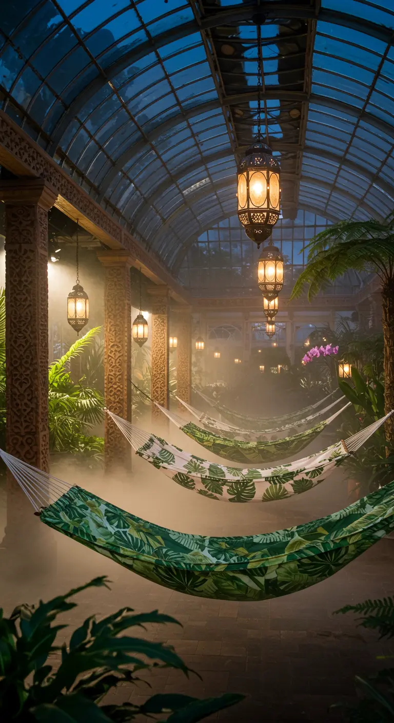 Leaf-print hammocks in a misty, glass-roofed conservatory filled with plants and hanging lanterns.