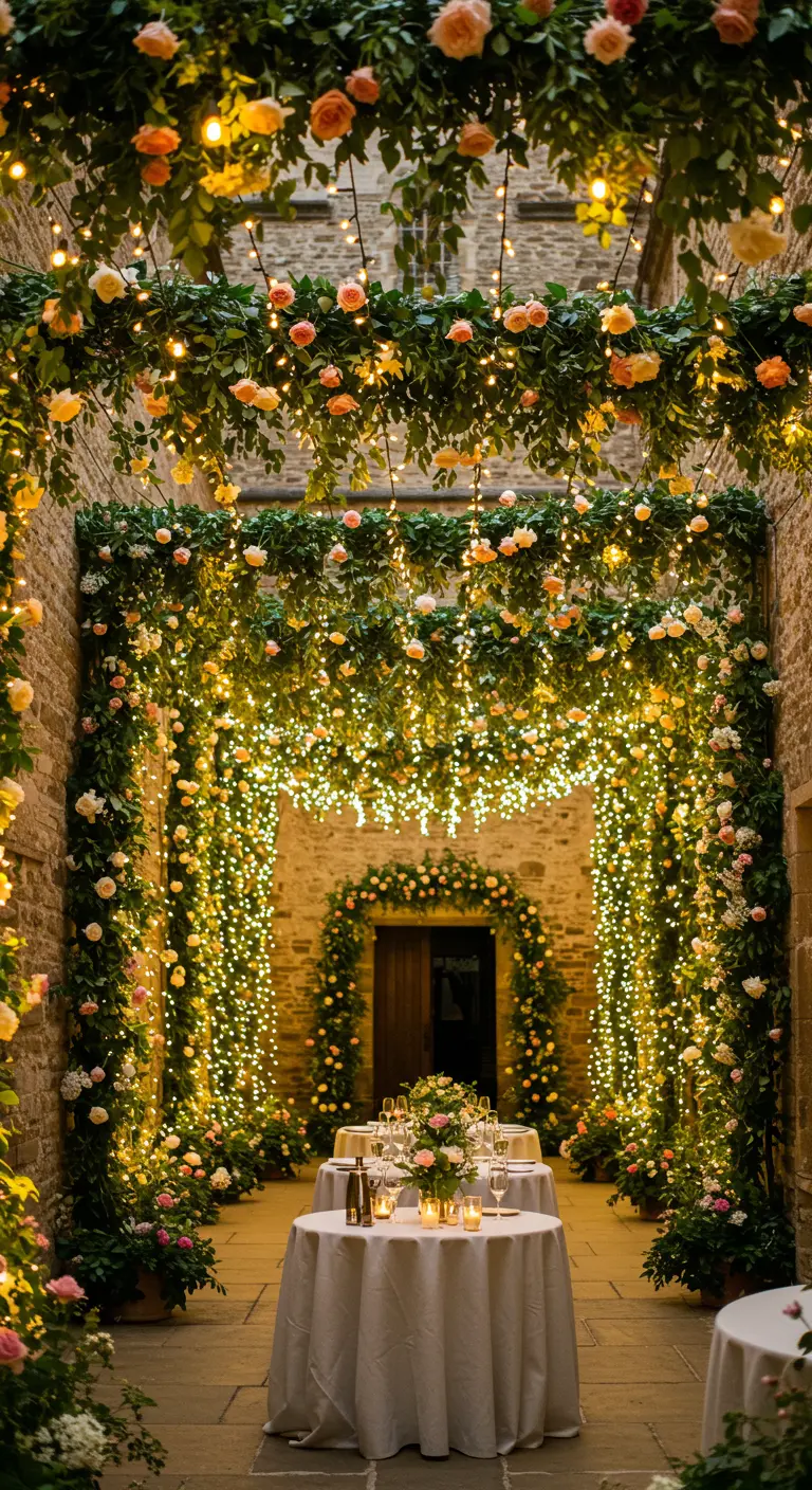 A stone courtyard tunnel covered in roses and thousands of warm fairy lights.