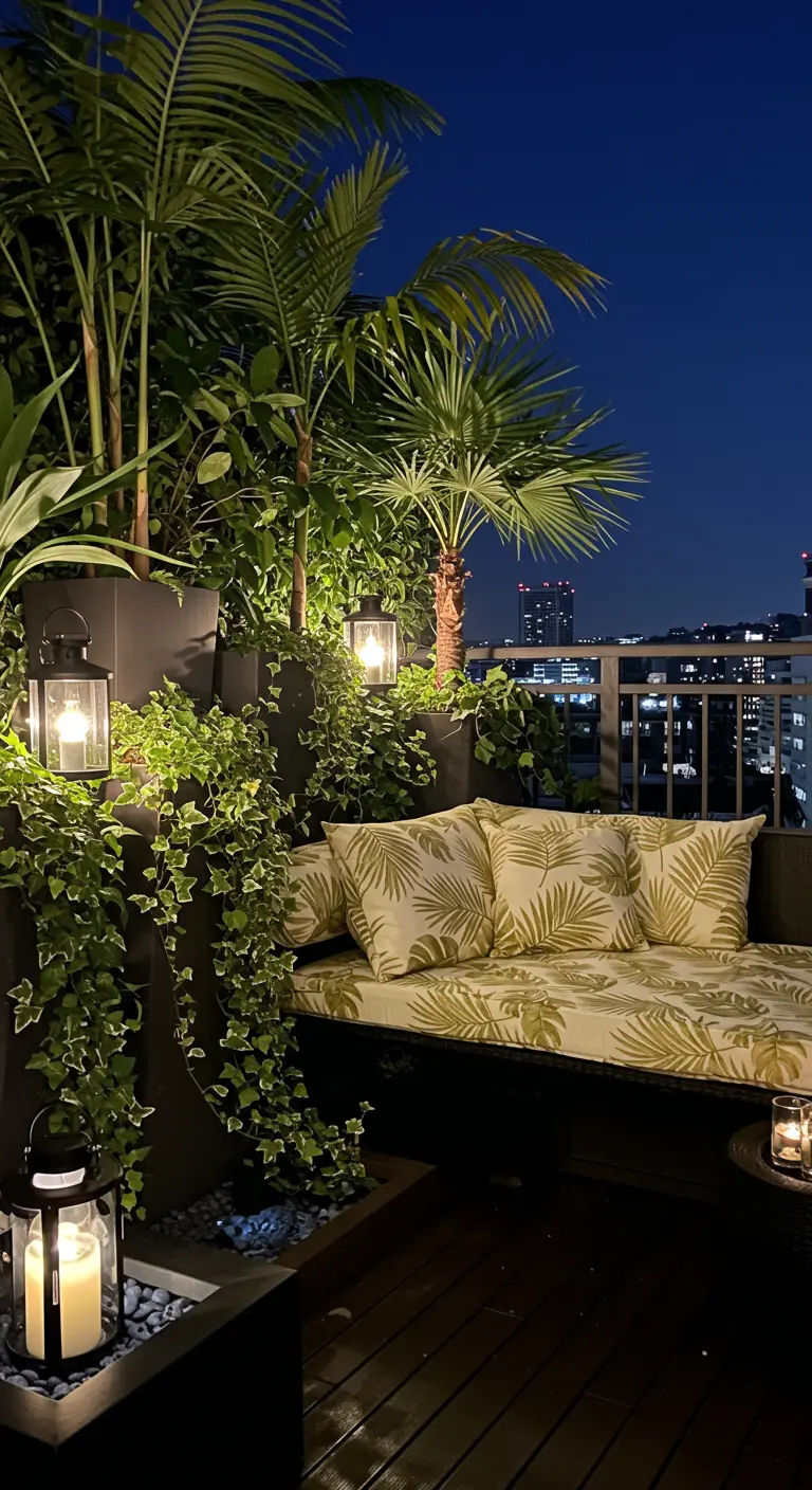 A sophisticated balcony at night with glowing lanterns and cascading ivy.