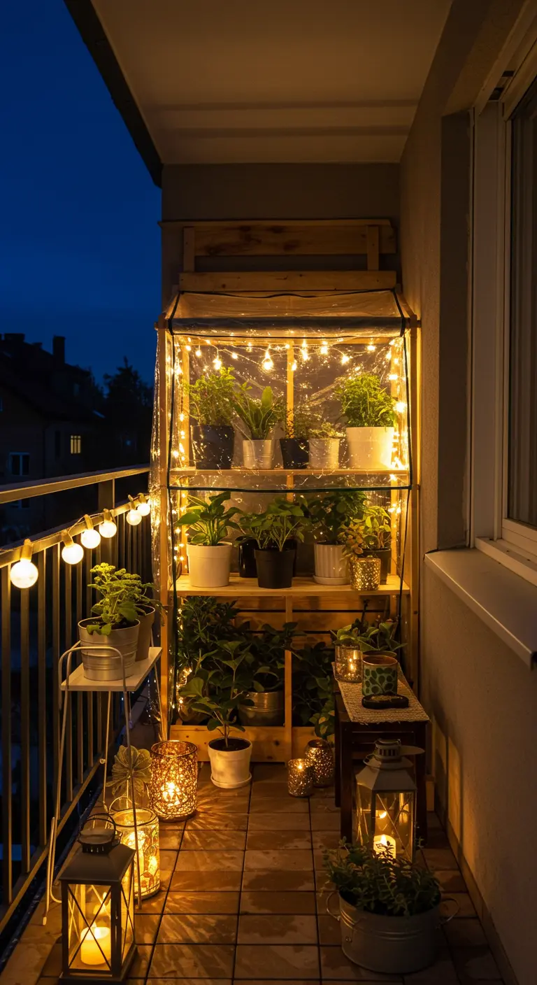 A balcony greenhouse glowing warmly at night, decorated with fairy lights and lanterns.