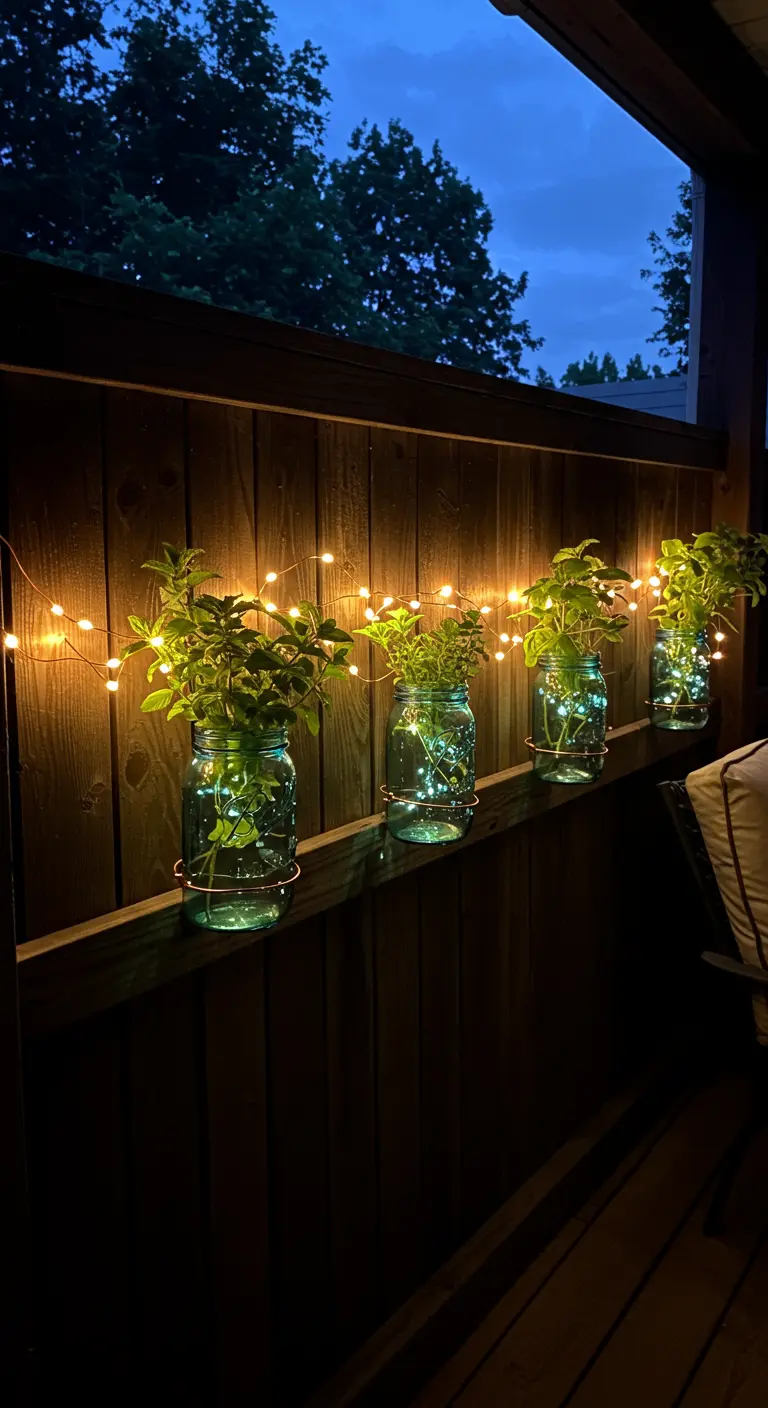 Herb-filled mason jars on a dark wood fence are illuminated by a string of warm fairy lights at night.