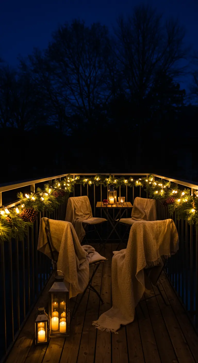 Balcony at night with a bistro set, the railing glowing with lights and garland.